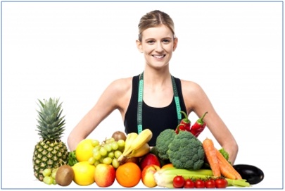 woman standing with lot of fruits and vegetables